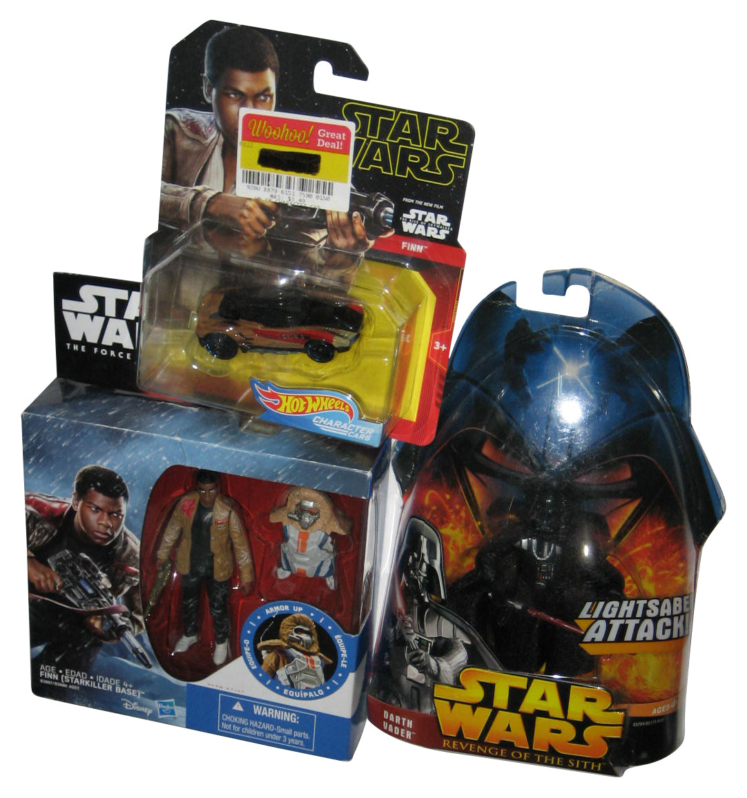 Star Wars Figure Lot - (Darth Vader Revenge Sith, Finn Starkiller Base & Hot Wheels Toy Car)