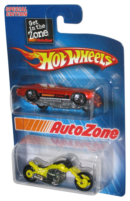 Hot Wheels AutoZone (2004) Mattel Barracuda Car & Blast Lane Yellow Motorcycle Bike Toy 2-Pack
