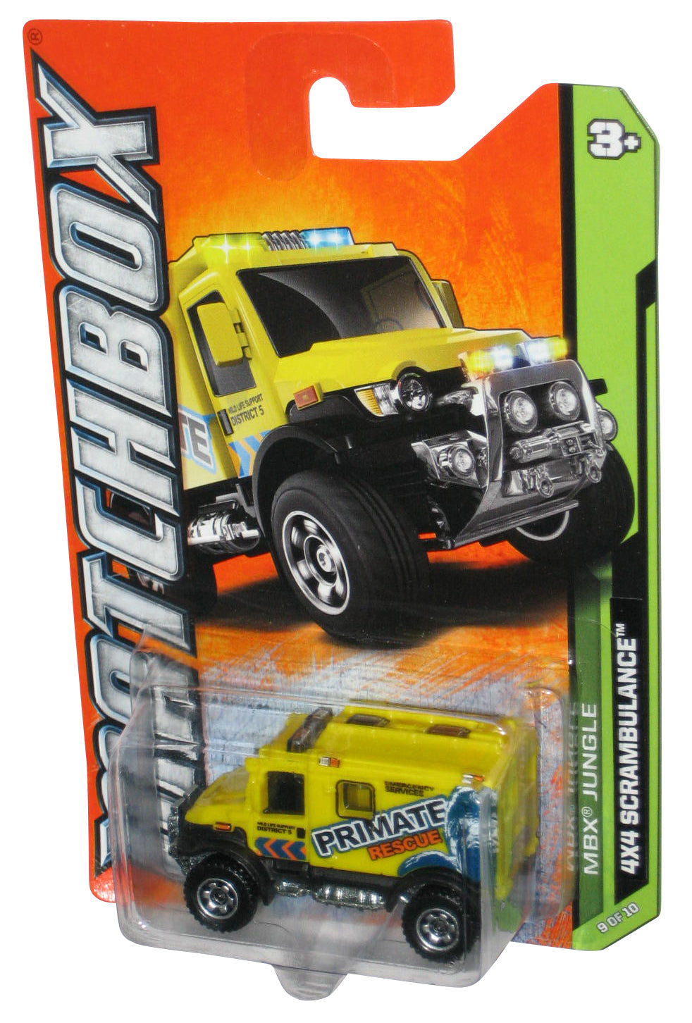 Matchbox MBX Jungle 9/10 (2011) Yellow 4x4 Scrambulance Primate Rescue Truck 109/120 - (Dark Blue Monkey)