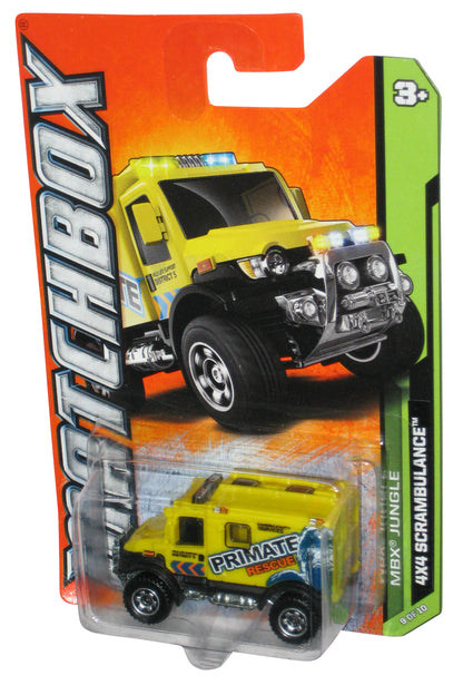 Matchbox MBX Jungle 9/10 (2011) Yellow 4x4 Scrambulance Primate Rescue Truck 109/120 - (Dark Blue Monkey)