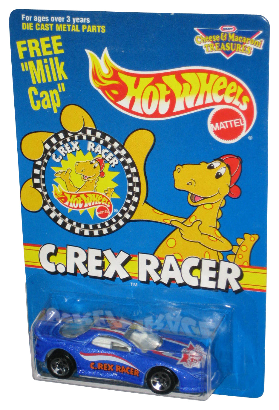 Hot Wheels Kraft Cheese & Macaroni Treasures (1995) C.Rex Racer Blue Toy Car w/ Milk Cap