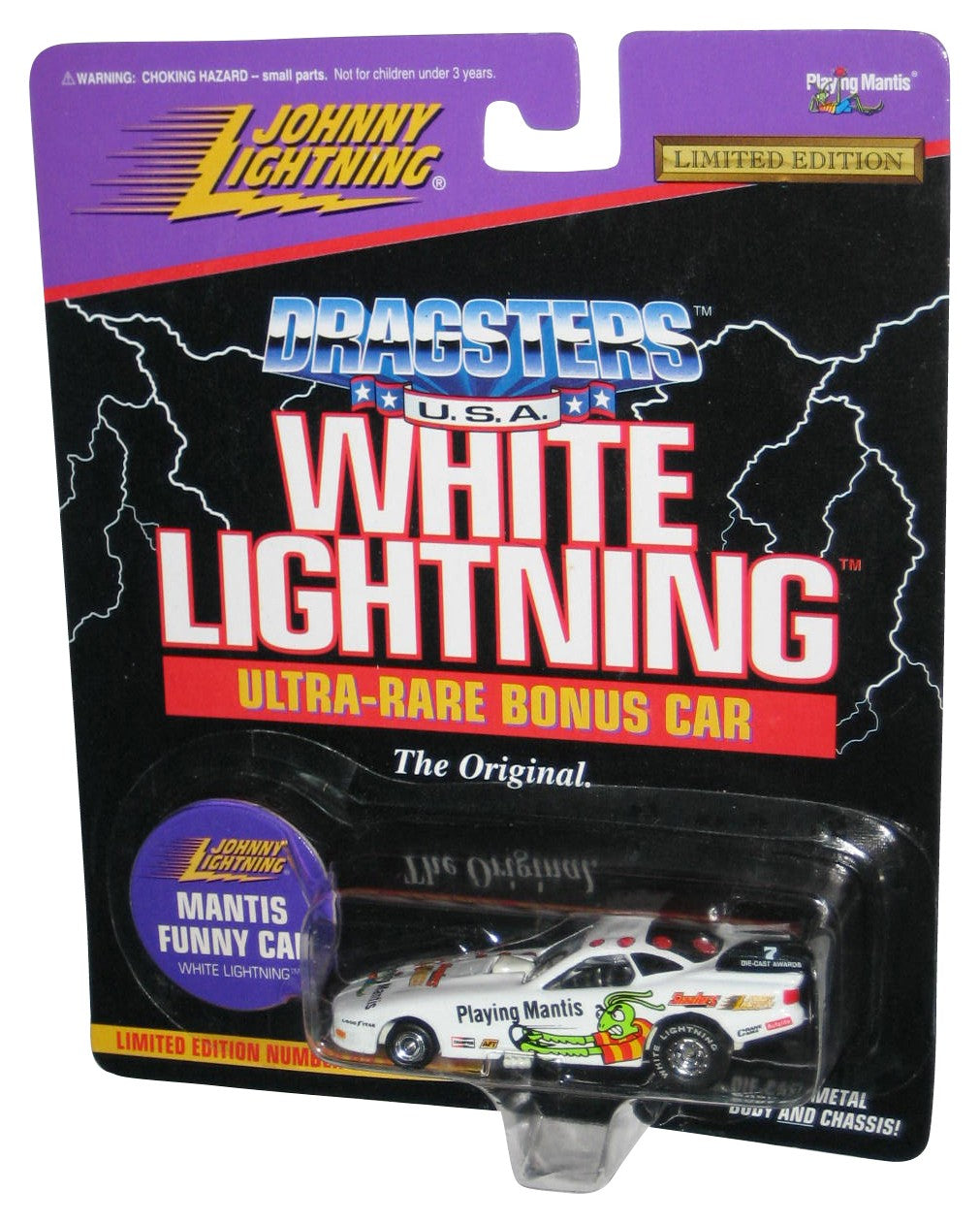 Johnny Lightning Dragsters (1997) White Playing Mantis Funny Car Toy