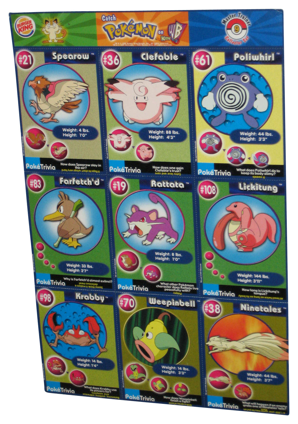 Pokemon Burger King Uncut Trading Card Sheet F