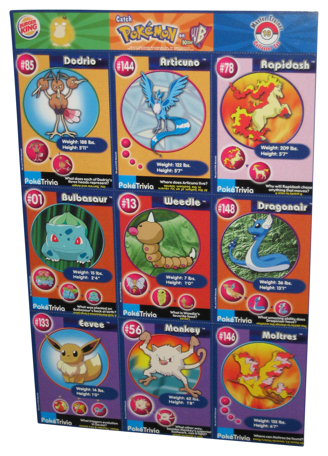 Pokemon Burger King Uncut Trading Card Sheet I