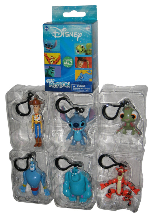 Disney Chibi In Motion Bullsitoy Mini Figure Keychain Set - (Stitch, Woody, Genie, Squirt, Sulley & Tigger)