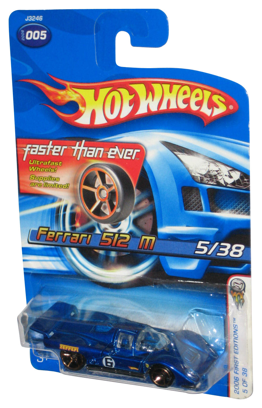 Hot Wheels 2006 First Editions 5/38 Blue Ferrari 512 M Toy Car #005 - (Plastic Partially Loose From Card)