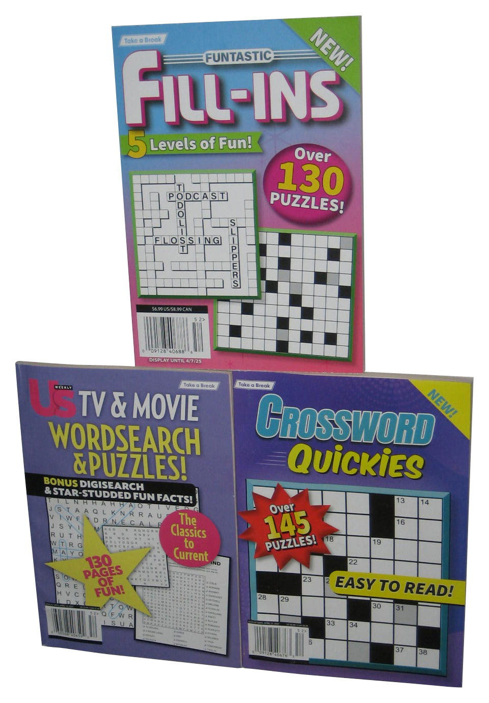 Lot of 3 Crossword Puzzle Books - (Quickies, US TV & Movie & Fill-Ins)