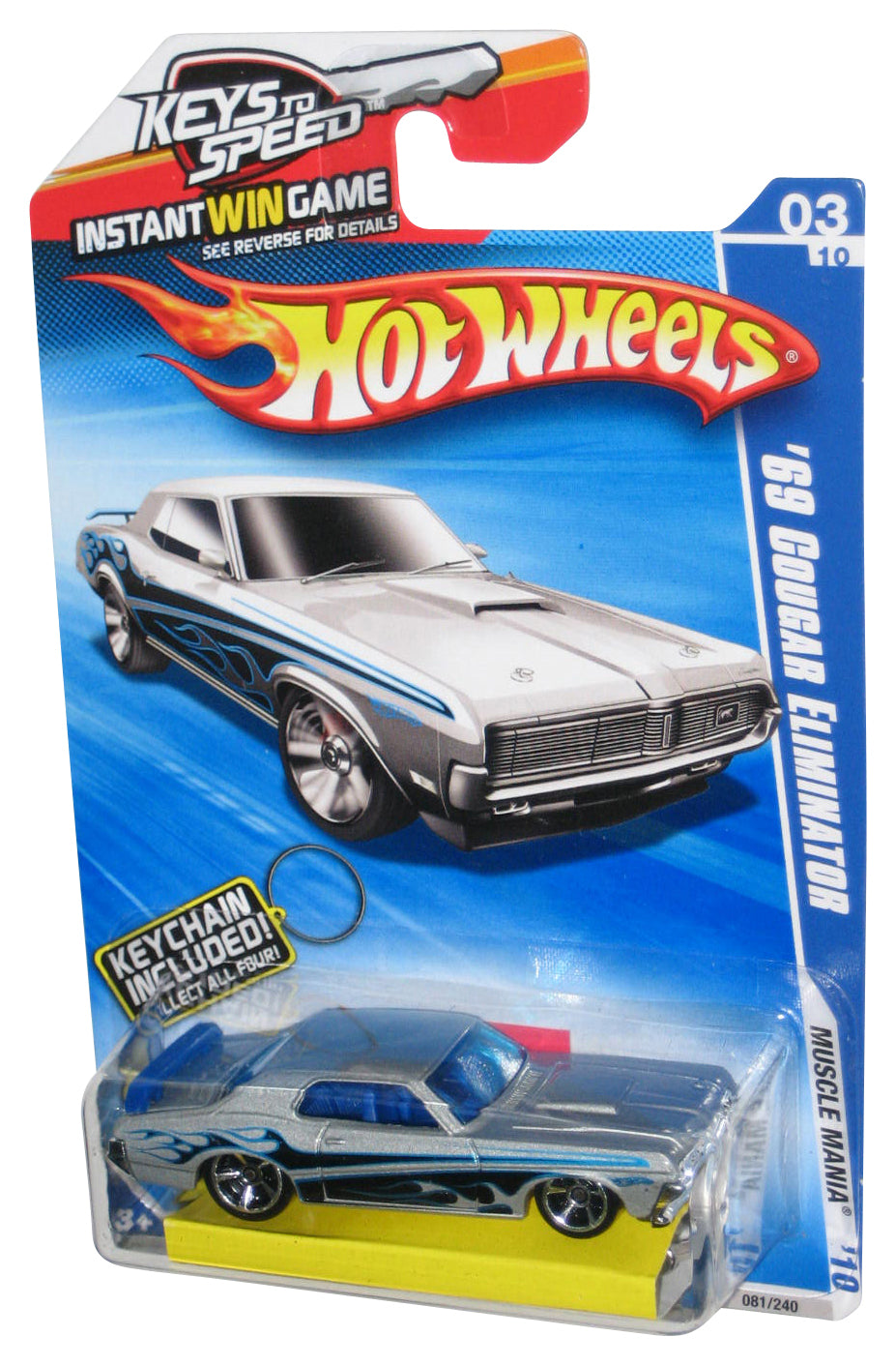 Hot Wheels Muscle Mania '10 03/10 Silver '69 Cougar Eliminator Car 081/240 w/ Keychain - (Keys To Speed Card)