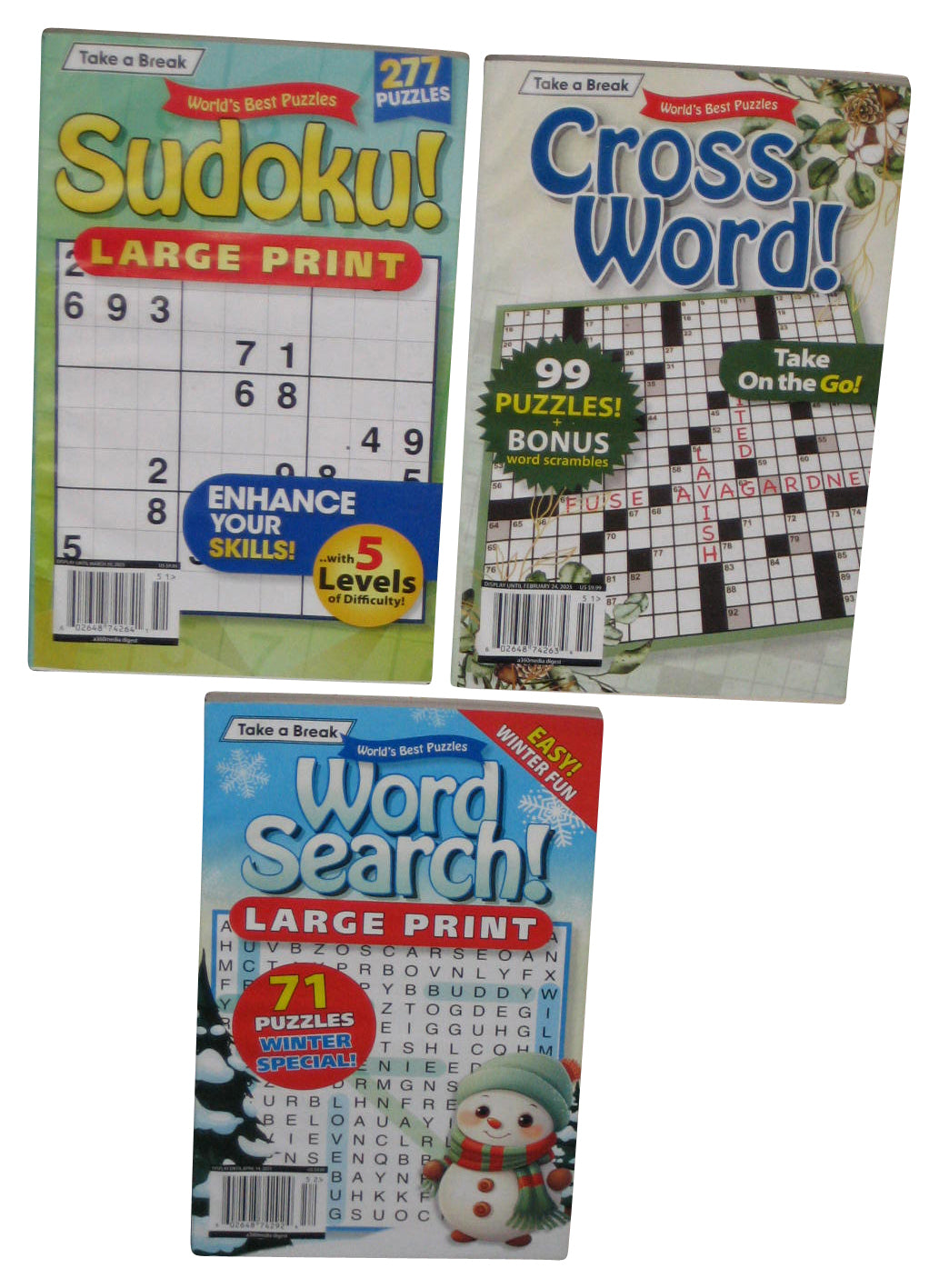 Lot of 3 Take A Break Word Search Sudoku Crossword Puzzle Books