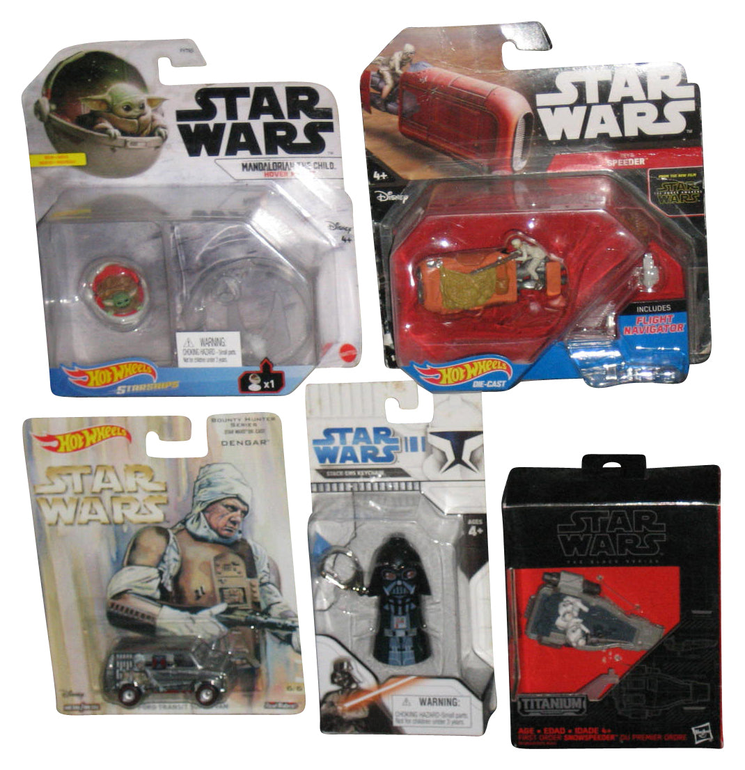 Star Wars Starship Hot Wheels Lot - (Dengar, Hover Pram The Child, Rey's Speder, Titanium Snowspeeder & Darth Vader Stack-Ems Keychain)