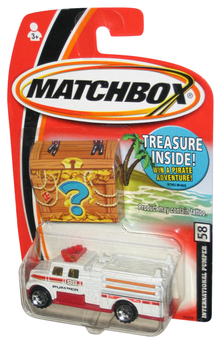 Matchbox International Pumper (2005) White Toy Truck #58 w/ Treasure Chest