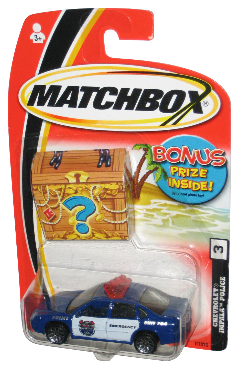 Matchbox Chevrolet Impala Police (2004) Blue Toy Car #3 w/ Treasure Chest