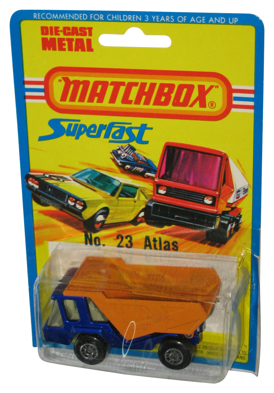 Matchbox Superfast Atlas Blue & Orange 1976 Lesney Vintage Toy Dump Truck No. 23 - (Cracked Plastic)