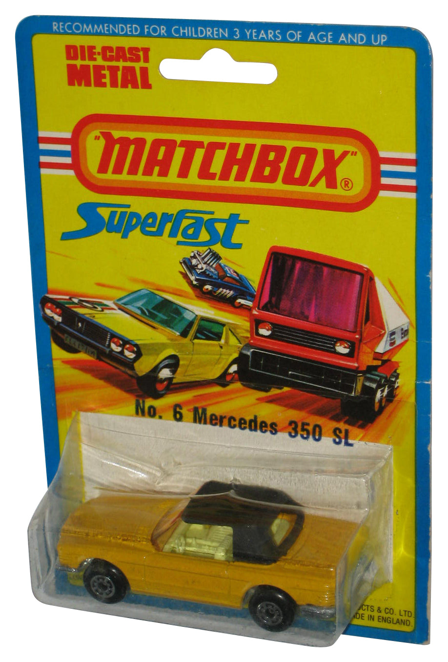 Matchbox Superfast (1976) Lesney Yellow Mercedes 350 SL Vintage Toy Car No. 6 - (Damaged Packaging)