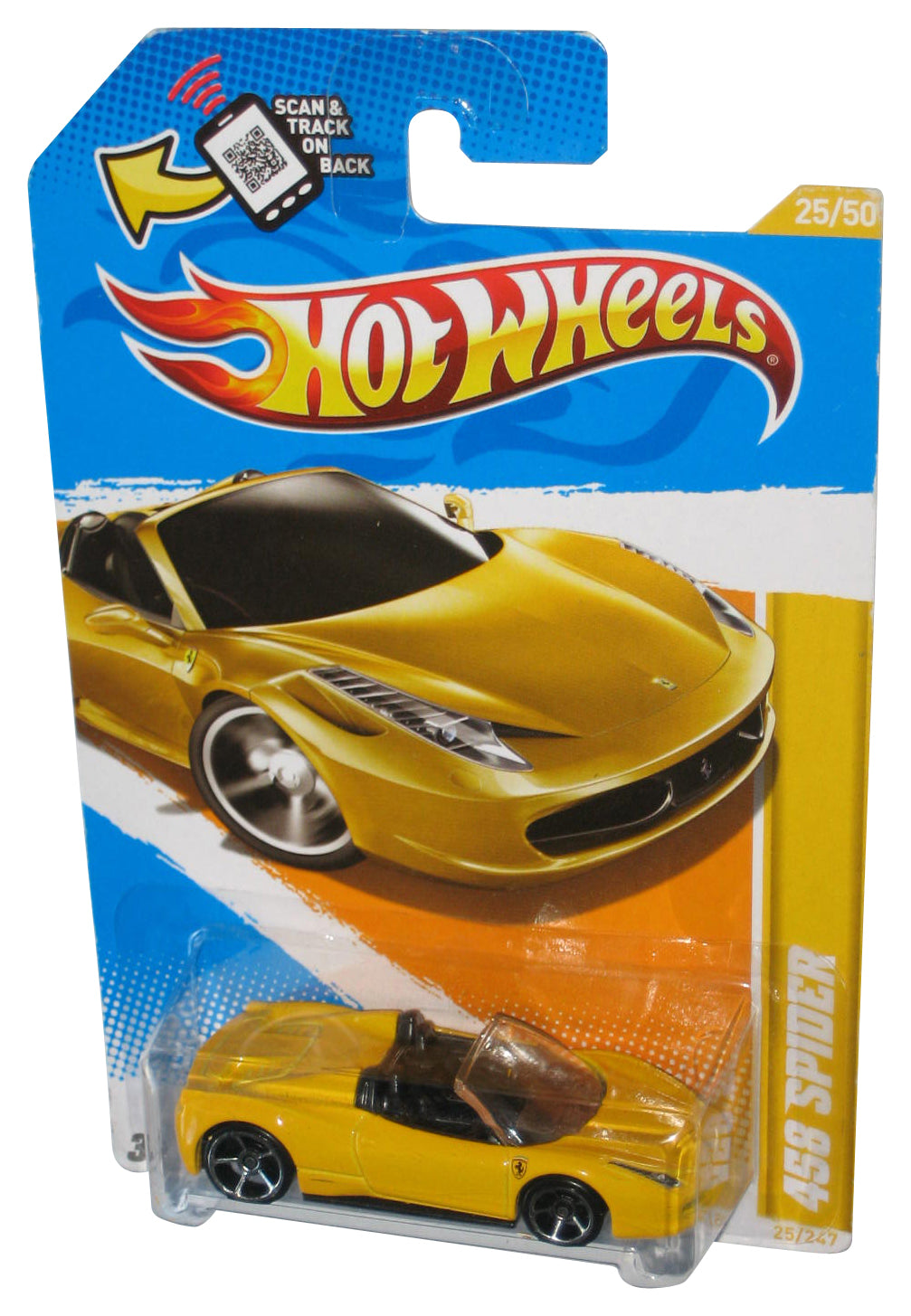 Hot Wheels 2012 New Models 25/50 Yellow 458 Spider Toy Car 25/247 - (Card Corner Wear)