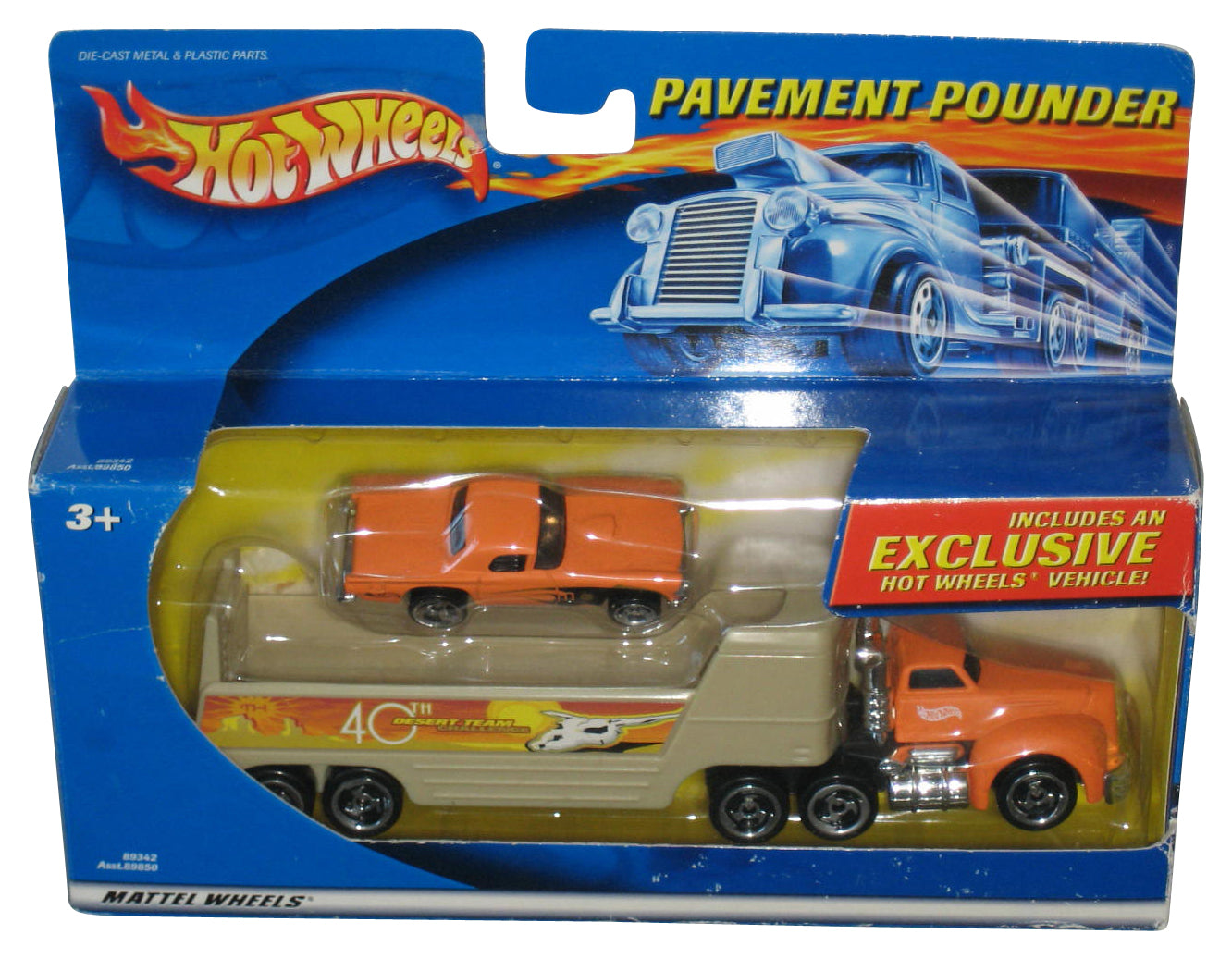 Hot Wheels Pavement Pounder (2000) Orange & Tan Toy Truck w/ Exclusive '57 T-Bird Toy Car - (Desert Team Challenge)