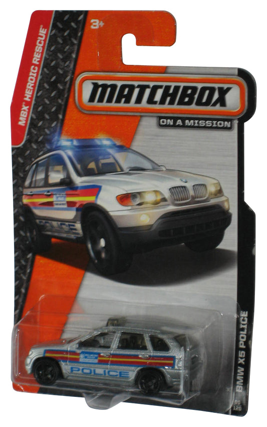 Matchbox MBX Heroic Rescue (2013) Silver BMW X5 Police Car Toy 90/120 - (Dented Plastic)