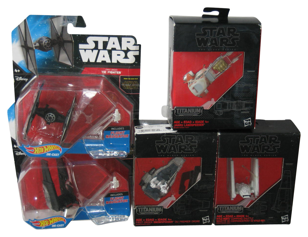 Star Wars Hot Wheels & Titanium Starship Lot - (Tie Fighter, Jakku Landspeeder, Kylo Command Shuttle, Snowspeeder)
