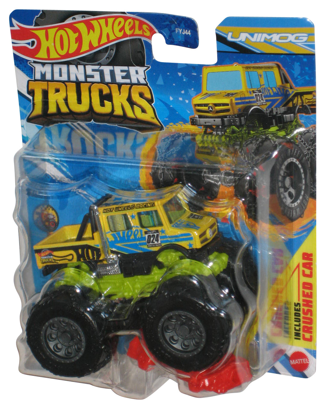 Hot Wheels Monster Trucks (2024) Unimog Yellow Toy Truck w/ Crushable Car