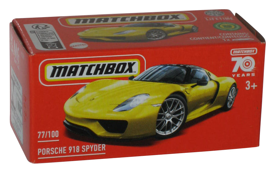 Matchbox 70 Years (2022) Yellow Porsche 918 Spyder Power Grabs Box Toy Car 77/100