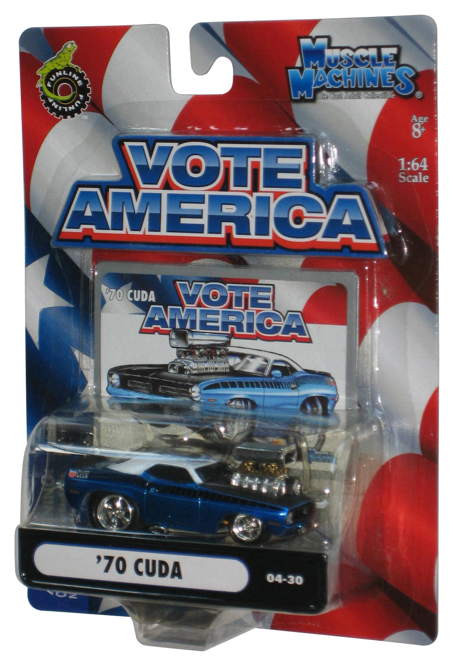 Muscle Machines Vote America '70 Cuda (2004) Funline Blue Toy Car 04-30