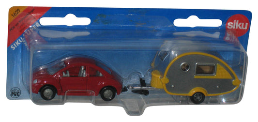 Siku Super Red Volkswagen New Beetle Toy Car w/ Yellow & Gray Camper Trailer Toy #1629