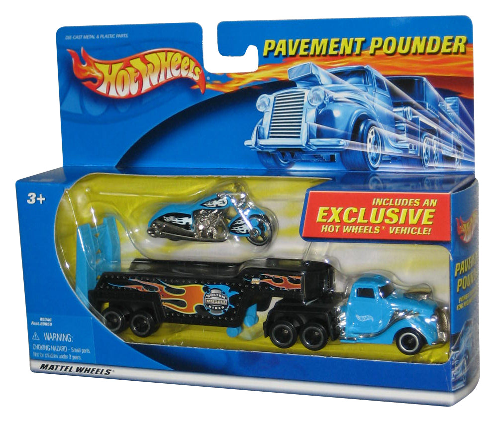 Hot Wheels Pavement Pounder (2000) Light Blue Tractor Trailer Toy Truck w/ Exclusive Motorcycle Bike