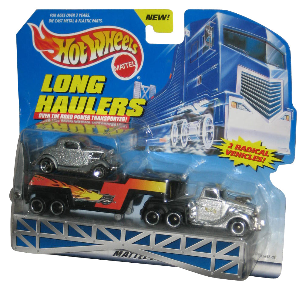 Hot Wheels Long Haulers (1998) Silver Semi & Trailer Toy Truck w/ '34 Ford Toy Car
