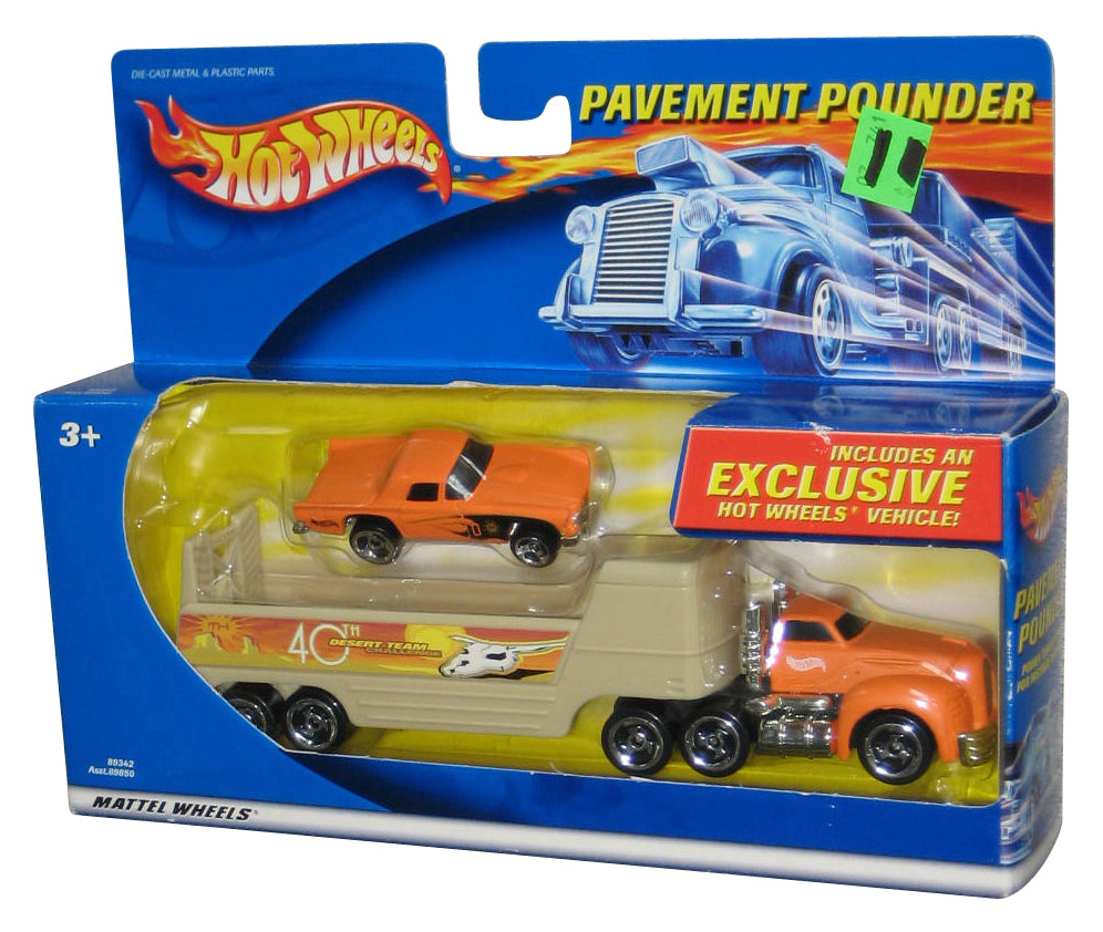 Hot Wheels Pavement Pounder (2000) Orange & Tan Truck w/ Exclusive '57 T-Bird Toy Car - (Desert Team Challenge)