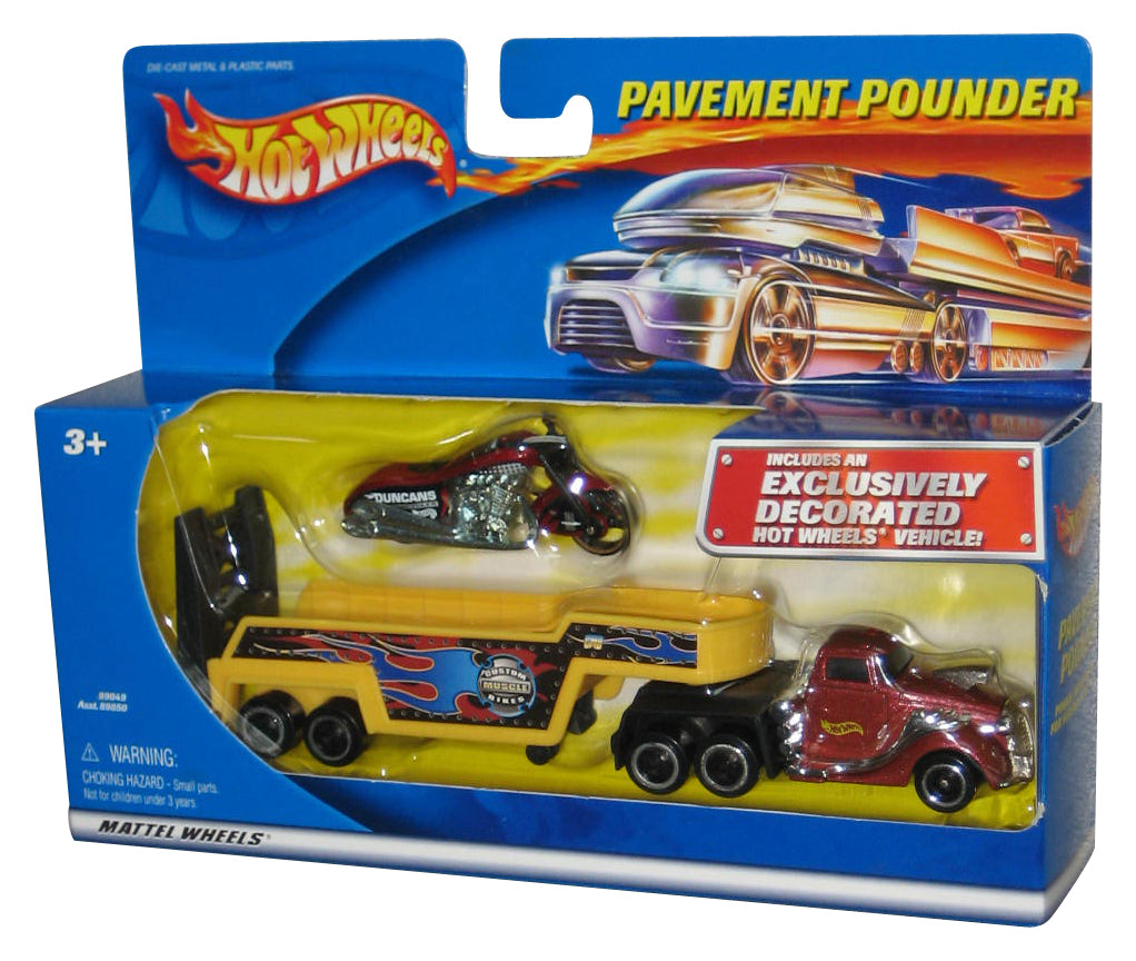 Hot Wheels Pavement Pounder (2001) Red & Yellow Semi Truck w/ Motorcycle Toy Bike