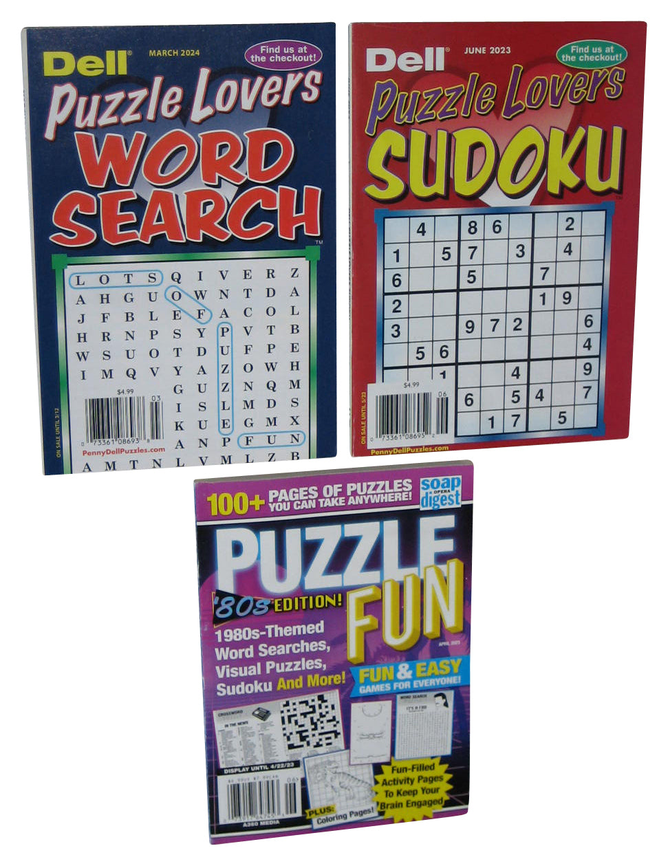 Lot of 3 Puzzle Fun World Search Dell Sudoku Crossword Book Lot - (3 Books)