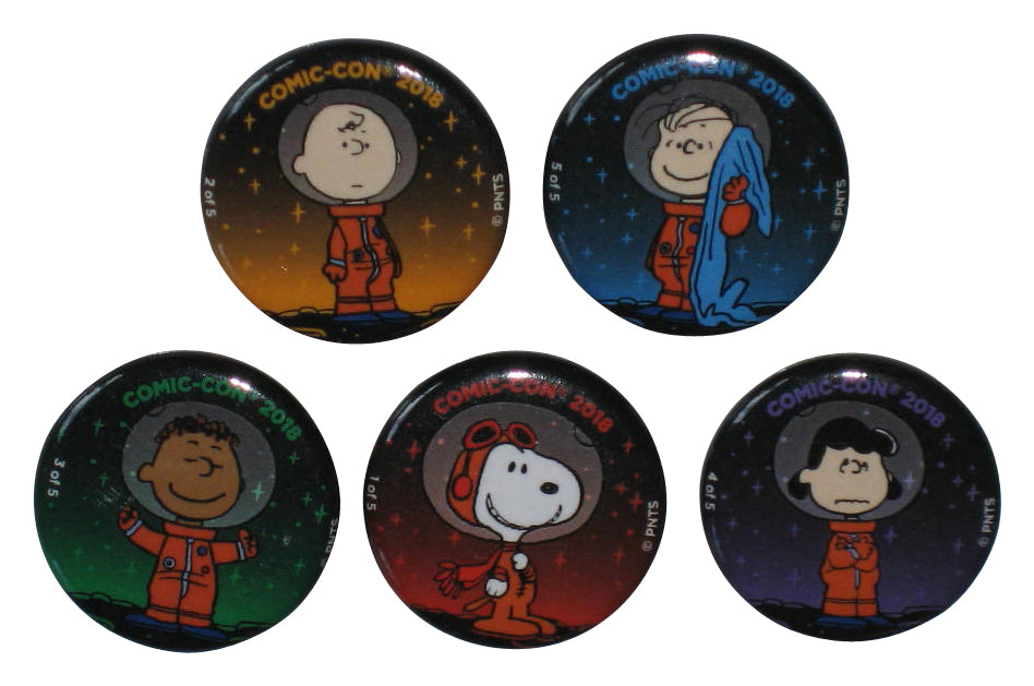 Peanuts Comic-Con 2018 Complete Button Set - (Snoopy, Charlie Brown, Franklin, Linus & Lucy)