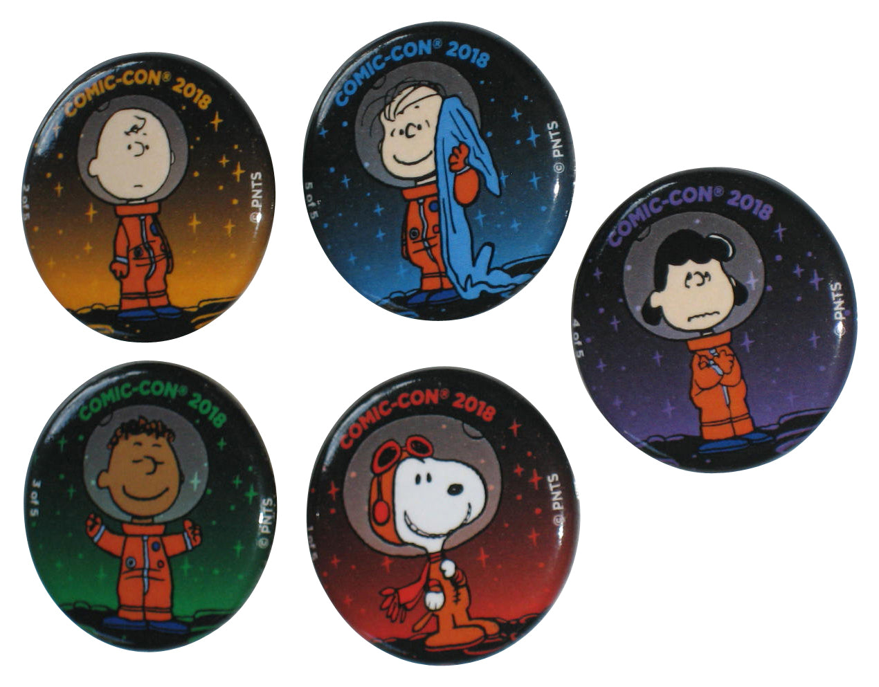 Peanuts Comic-Con 2018 Complete Button Set - (Snoopy, Charlie Brown, Franklin, Linus & Lucy)