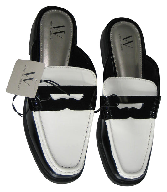 Worthington Destin Size 8 Medium Women Black & White Mules Slip On Penny Loafers