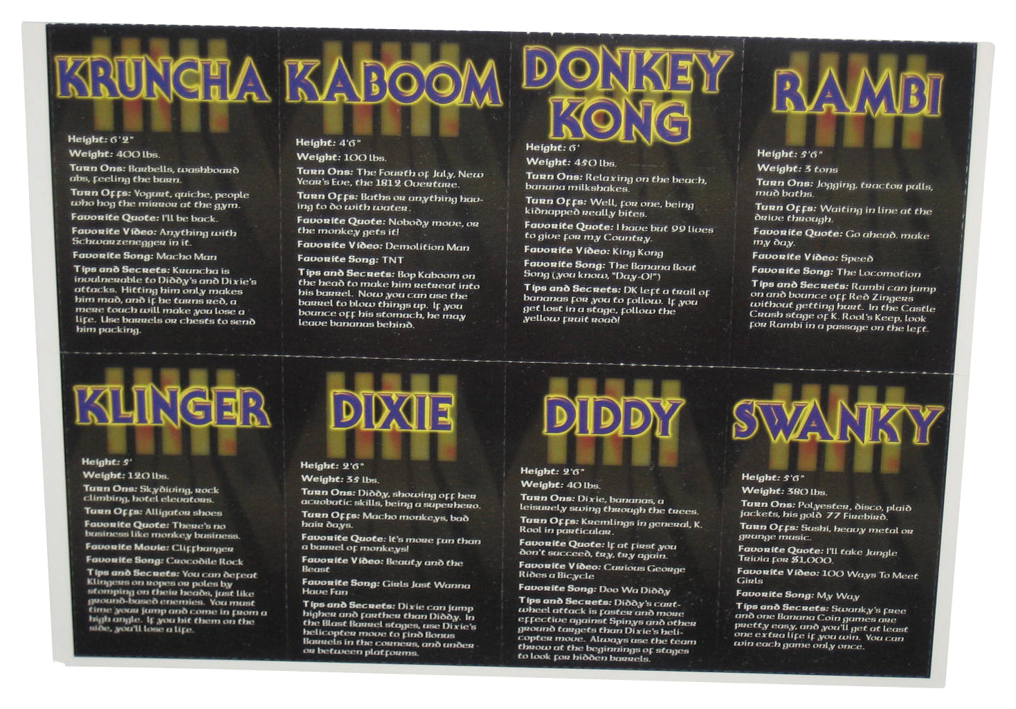 Nintendo Power Donkey Kong Country 2 Diddy's Kong Quest Uncut Card Sheet - (8 Cards)