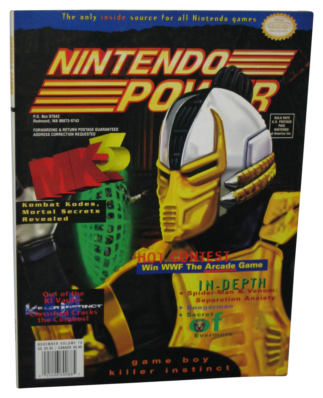 Nintendo Power November 1995 Magazine Book Vol. 78 w/ Donkey Kong 2 Poster - (Mortal Kombat 3 Cyrax Cover)
