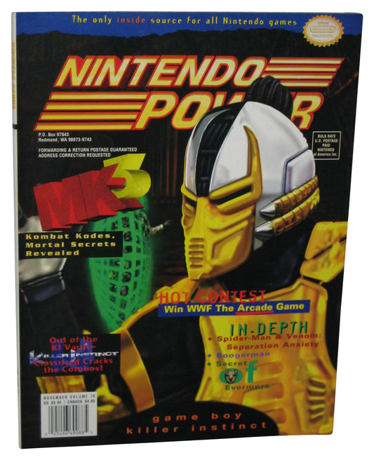 Nintendo Power November 1995 Magazine Book Vol. 78 w/ Donkey Kong 2 Poster - (Mortal Kombat 3 Cyrax Cover)