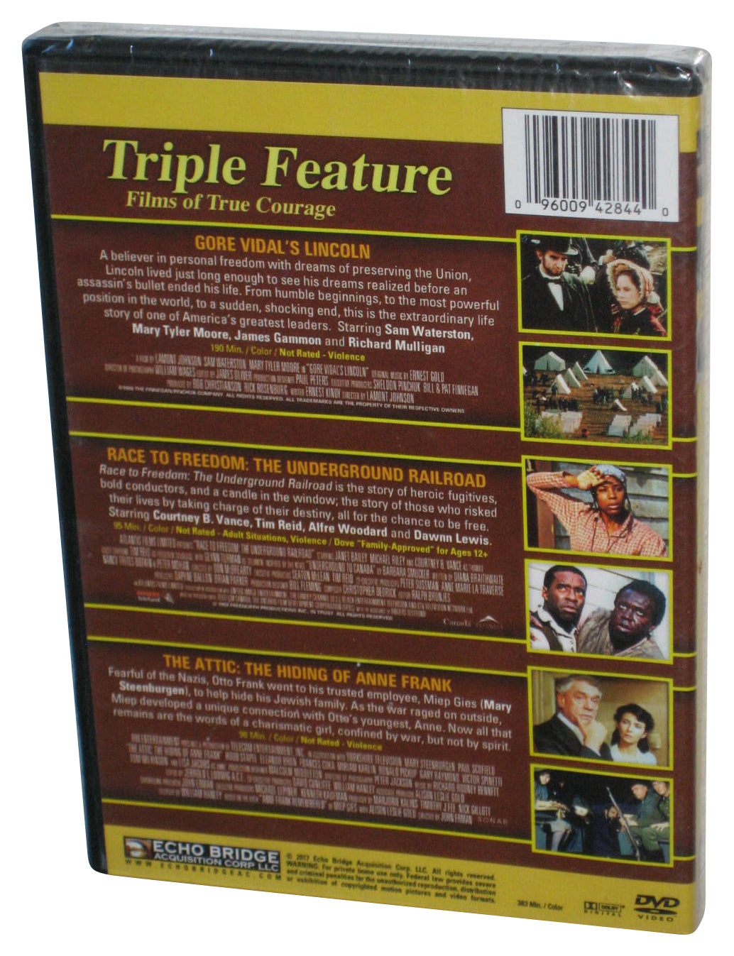 Triple Feature Films of True Courage DVD - (Lincoln / Race To Freedom / Anne Frank)