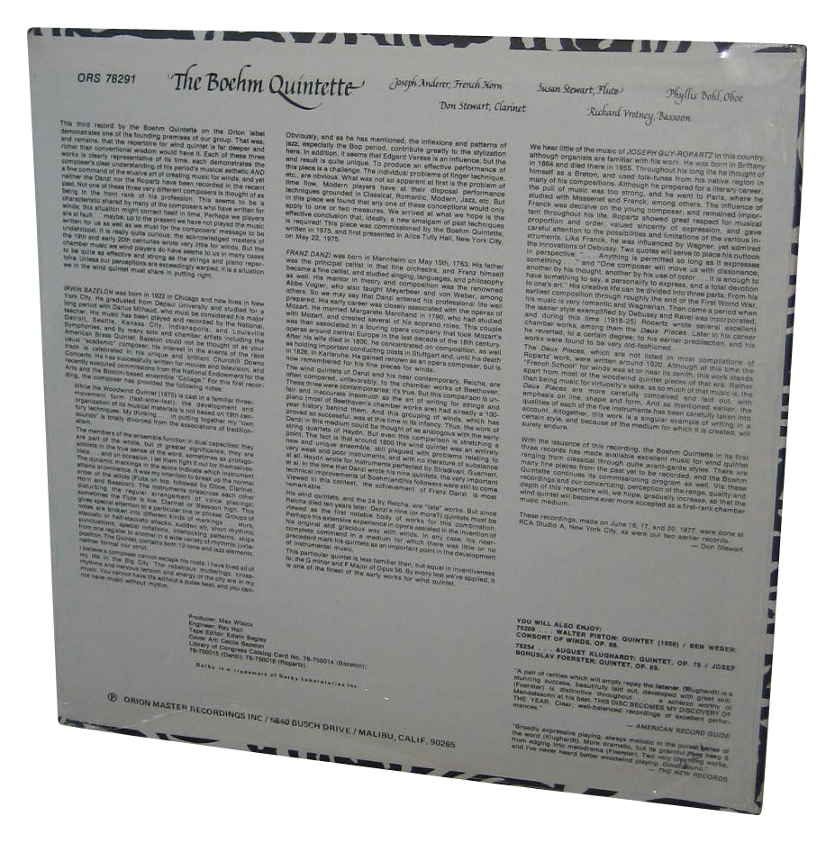 The Boehm Quintette Music Vinyl Record ORS-78291 - (Irwin Bazelon Woodwind Quintet, Franz Danzi Op 67, J. Guy Ropartz)