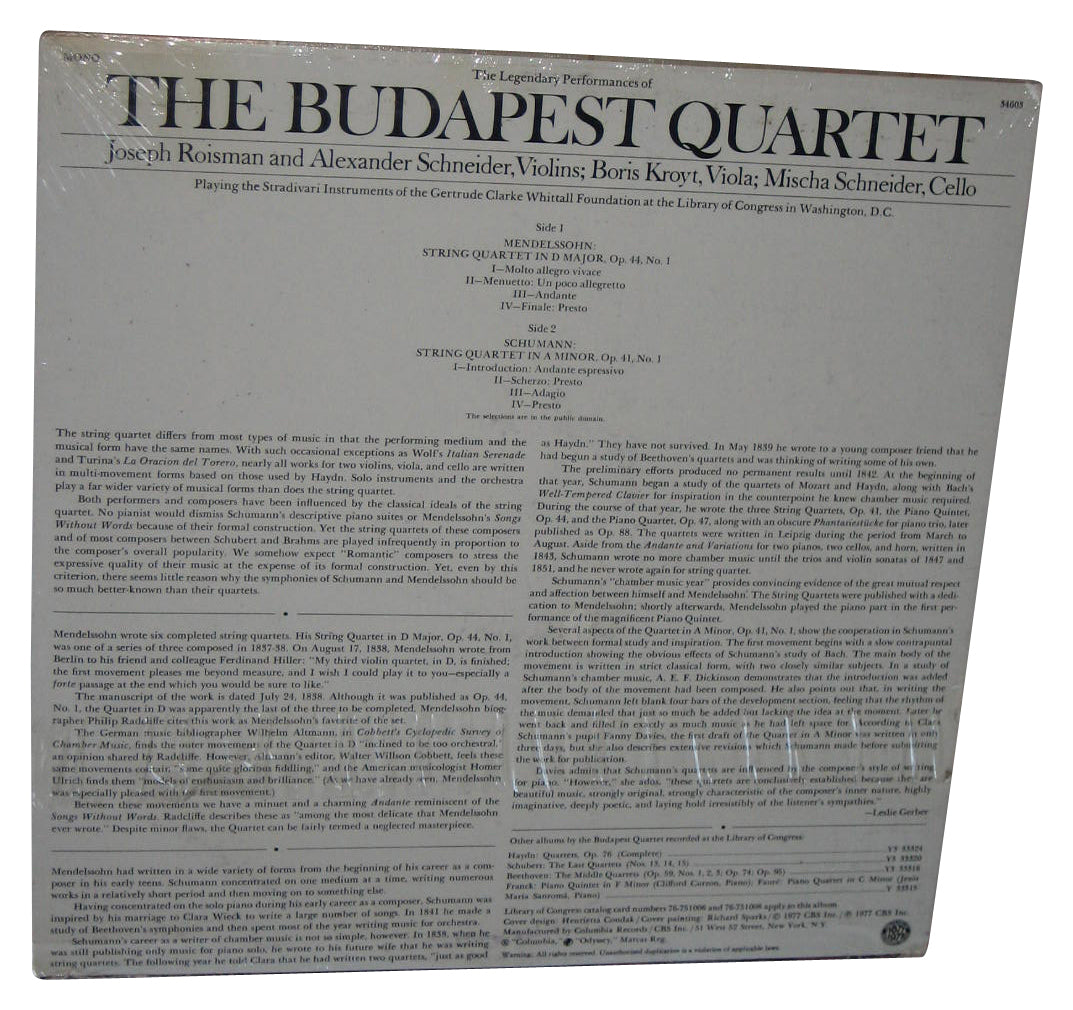 Budapest Quartet Vinyl Record - (Mendelssohn Quartet D Major Schumann Quartet In A Minor)