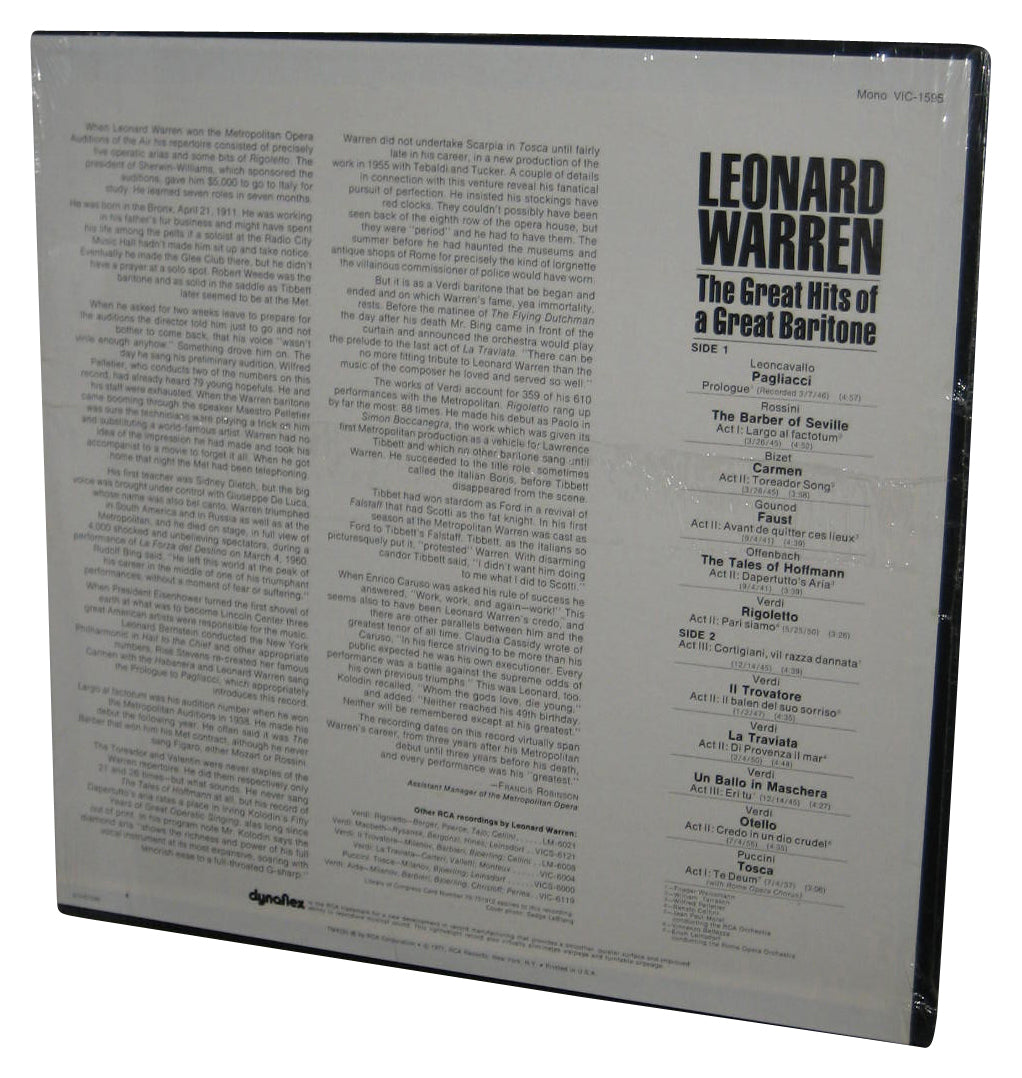 Leonard Warren The Great Hits of A Great Baritone Music LP Vinyl Record