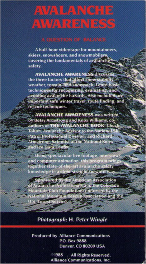Avalanche Awareness: A Question of Balance (1988) Vintage VHS Tape