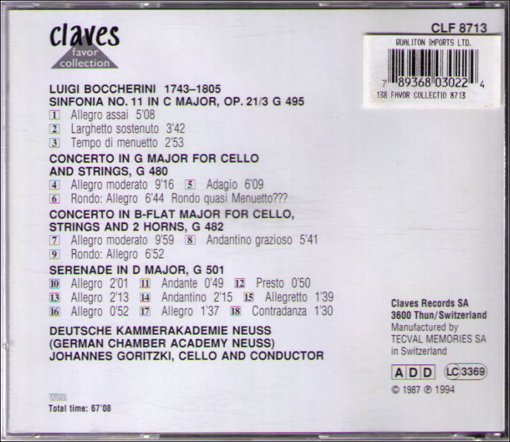 Luigi Boccherini Concerti For Cello & Strings Sinfonia No 11 Music CD