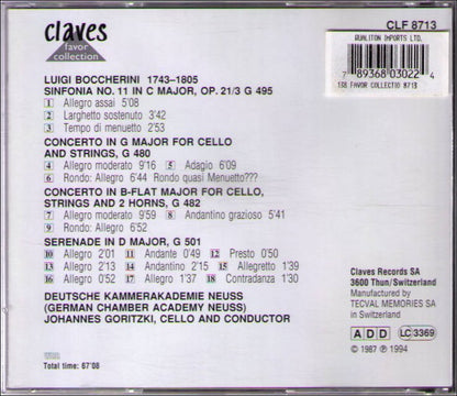 Luigi Boccherini Concerti For Cello & Strings Sinfonia No 11 Music CD