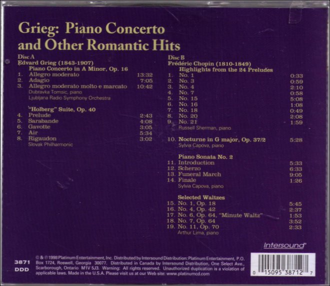 Grieg Piano Concerto and Other Romantic Hits Music CD (2 CDs)
