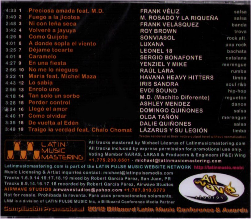 Latin Music Mastering Compliation Promotional 2012 Billboard Music CD